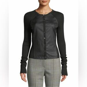 Theory Wool Lamb Leather Sweater Cardigan Womens S Black Button Front Raglan